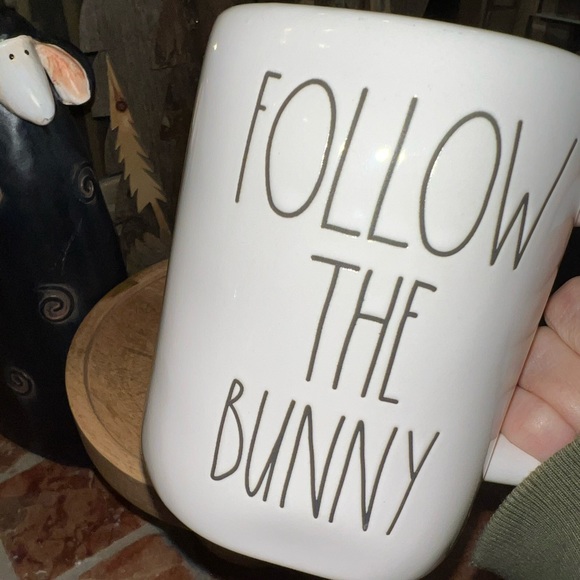 Rae Dunn FOLLOW THE BUNNY yellow and white Easter Spring mug. NWT. - Picture 2 of 5
